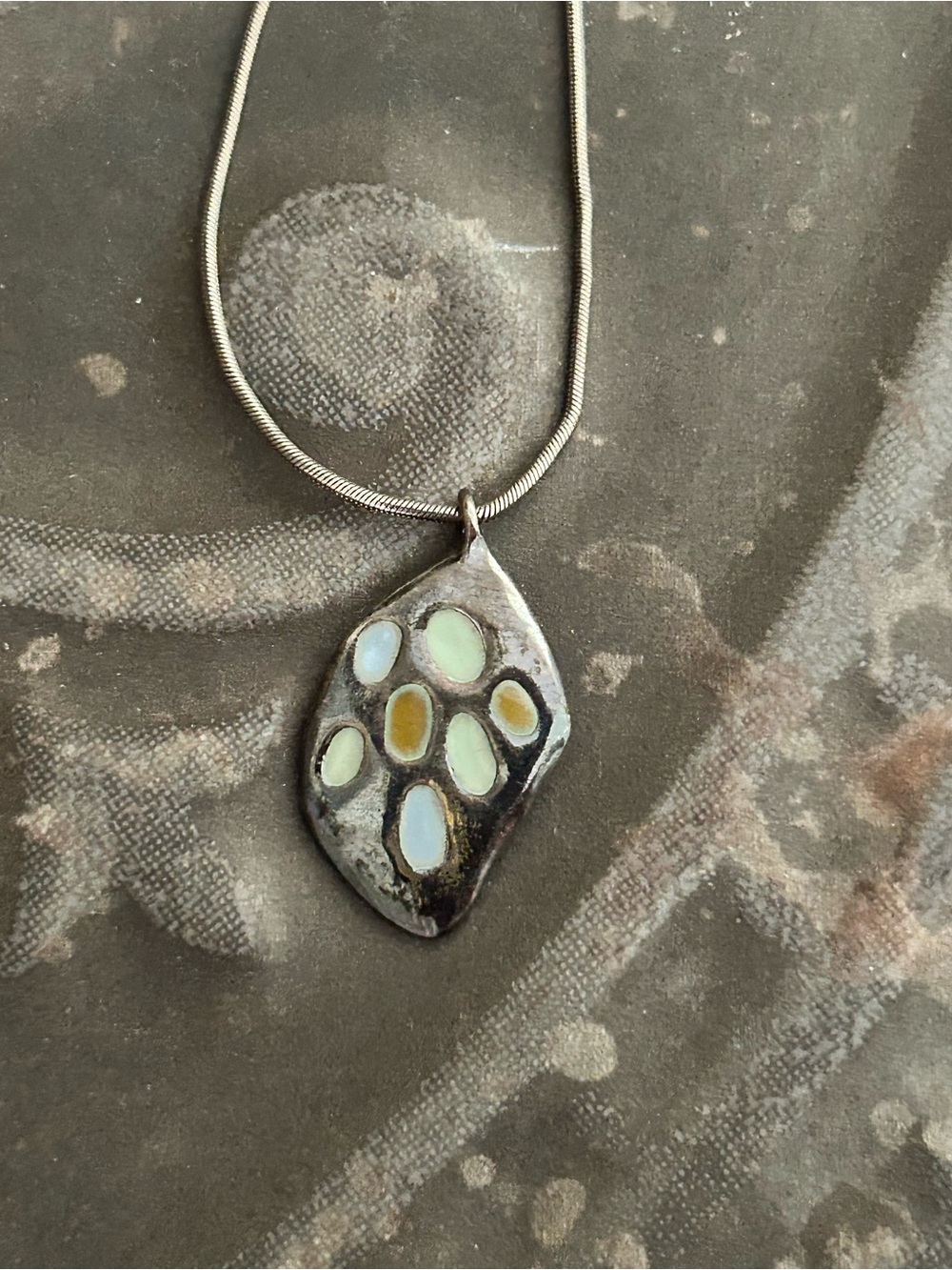 Handcrafted Silver Pendant Necklace with Pale Blue and Cream Enamel